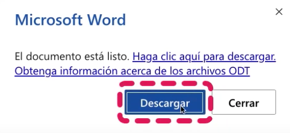 Opción descargar documento de Word 365 como ODT